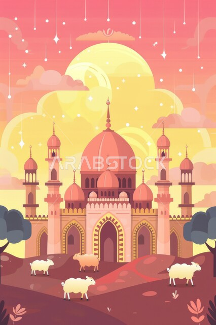 رسوم لمسجد بألوان بديعة, تصميم معماري تاريخي, مسجد على الطراز الإسلامي, مآذن وقبب شامخة, خلفية بطبيعة جميلة والخرفان البيضاء, مقدسات إسلامية دينية، مكان العبادة والصلاة, قرابين عيد الأضحى