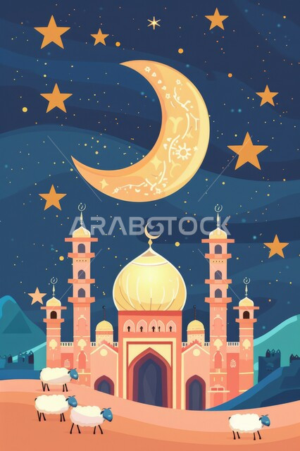منظر السماء المزينة بالنجوم اللامعة المتناثرة حول الهلال ليلاً, رسوم لمساجد تم تصميمها على الطراز المعماري الإسلامي, أماكن العبادة لدى المسلمين, مقدسات وروحانيات, أعياد ومناسبات إسلامية, قربان عيد الأضحى المبارك, شعائر دينية