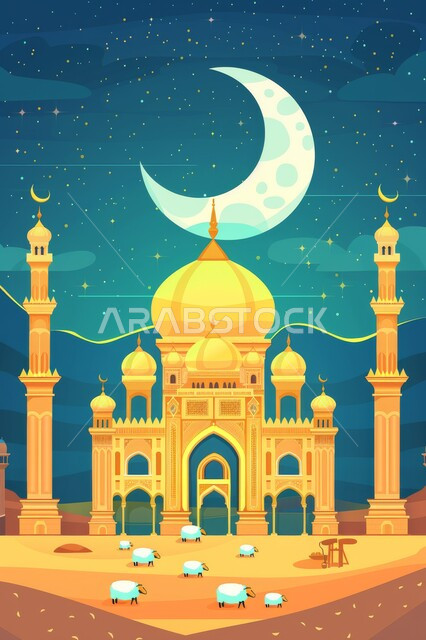 View of the sky decorated with bright stars scattered around the crescent, drawings of mosques designed in the Islamic architectural style, places of worship for Muslims, sacred things and spirituality, Islamic holidays and occasions, the offering of Eid al-Adha, religious rituals.