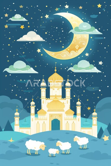 منظر السماء المزينة بالنجوم اللامعة المتناثرة حول الهلال ليلاً, رسوم لمساجد تم تصميمها على الطراز المعماري الإسلامي, أماكن العبادة لدى المسلمين, مقدسات وروحانيات, أعياد ومناسبات إسلامية, قربان عيد الأضحى المبارك, شعائر دينية