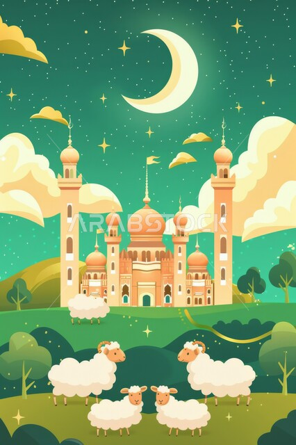 منظر السماء المزينة بالنجوم اللامعة المتناثرة حول الهلال ليلاً, رسوم لمساجد تم تصميمها على الطراز المعماري الإسلامي, أماكن العبادة لدى المسلمين, مقدسات وروحانيات, أعياد ومناسبات إسلامية, قربان عيد الأضحى المبارك, شعائر دينية