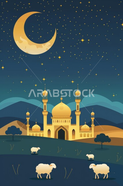 View of the sky decorated with bright stars scattered around the crescent, drawings of mosques designed in the Islamic architectural style, places of worship for Muslims, sacred things and spirituality, Islamic holidays and occasions, the offering of Eid al-Adha, religious rituals.