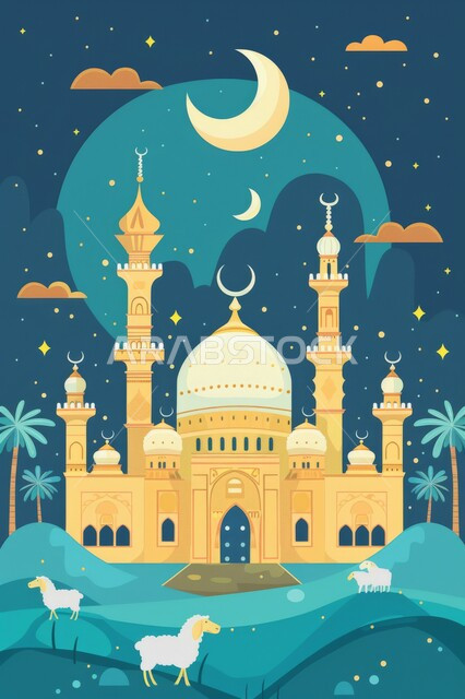 منظر السماء المزينة بالنجوم اللامعة المتناثرة حول الهلال ليلاً, رسوم لمساجد تم تصميمها على الطراز المعماري الإسلامي, أماكن العبادة لدى المسلمين, مقدسات وروحانيات, أعياد ومناسبات إسلامية, قربان عيد الأضحى المبارك, شعائر دينية