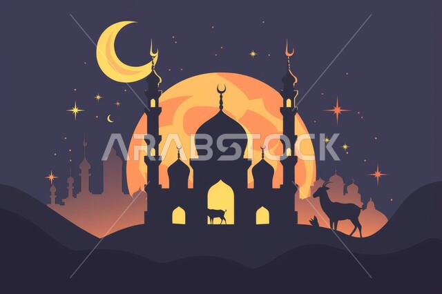 الهلال المضيء في السماء الواسعة, رسومات دينية اسلامية, بناء المساجد بتصاميم معمارية عريقة, التاريخ الإسلامي للملكة العربية السعودية, القبب والمآذن العالية, دور اماكن العبادات والمقدسات