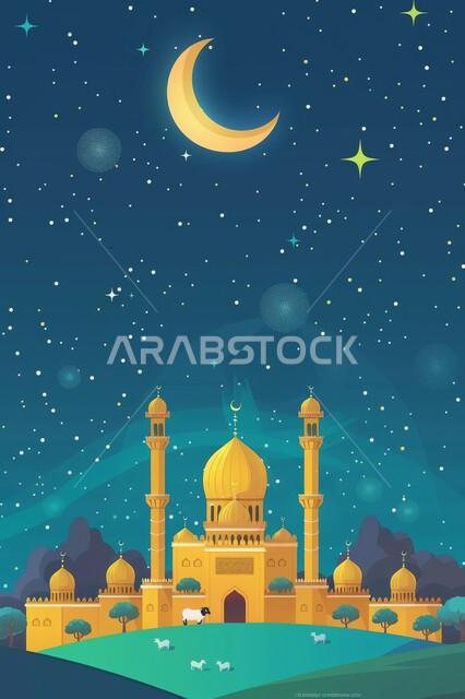 الهلال المضيء في السماء الواسعة, رسومات دينية اسلامية, بناء المساجد بتصاميم معمارية عريقة, التاريخ الإسلامي للملكة العربية السعودية, القبب والمآذن العالية, دور اماكن العبادات والمقدسات