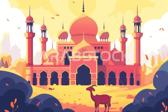 رسومات مساجد بهية وشامخة, المقدسات الإسلامية العظيمة, قبب ومآذن عالية, أماكن الصلاة والعبادة, الروحانية والاحساس بالسكينة, العراقة في بناء المساجد الإسلامية, أعياد المسلمين, قربان عيد الأضحى المبارك