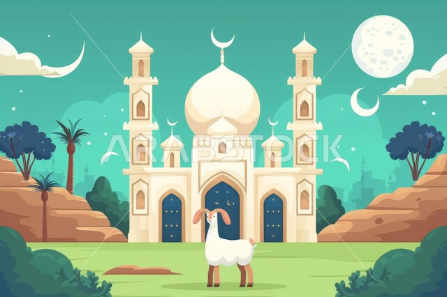 الفن المعماري في تصميم المساجد القديمة والحديثة, رسوم لمسجد عريق له قبب ومآذن عالية, أماكن العبادة والصلاة والخشوع عند المسلمين, الأعياد الإسلامية المباركة, قربان عيد الأضحى, إسلاميات وروحانيات وطمأنينة