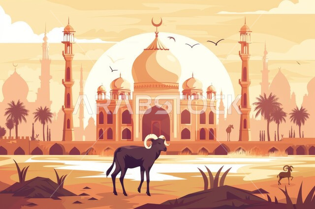 الفن المعماري في تصميم المساجد القديمة والحديثة, رسوم لمسجد عريق له قبب ومآذن عالية, أماكن العبادة والصلاة والخشوع عند المسلمين, الأعياد الإسلامية المباركة, قربان عيد الأضحى, إسلاميات وروحانيات وطمأنينة