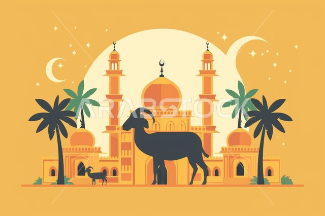 الفن المعماري في تصميم المساجد القديمة والحديثة, رسوم لمسجد عريق له قبب ومآذن عالية, أماكن العبادة والصلاة والخشوع عند المسلمين, الأعياد الإسلامية المباركة, قربان عيد الأضحى, إسلاميات وروحانيات وطمأنينة