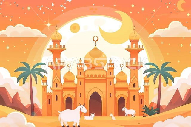 الفن المعماري في تصميم المساجد القديمة والحديثة, رسوم لمسجد عريق له قبب ومآذن عالية, أماكن العبادة والصلاة والخشوع عند المسلمين, الأعياد الإسلامية المباركة, قربان عيد الأضحى, إسلاميات وروحانيات وطمأنينة