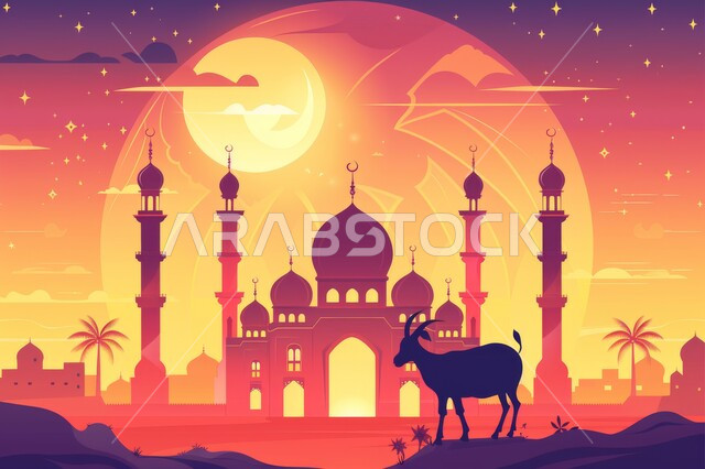 رسوم لمسجد عريق له قبب ومآذن عالية، الفن المعماري في تصميم المساجد القديمة والحديثة, أماكن العبادة والصلاة والخشوع عند المسلمين, الأعياد الإسلامية المباركة, قربان عيد الأضحى, إسلاميات وروحانيات وطمأنينة