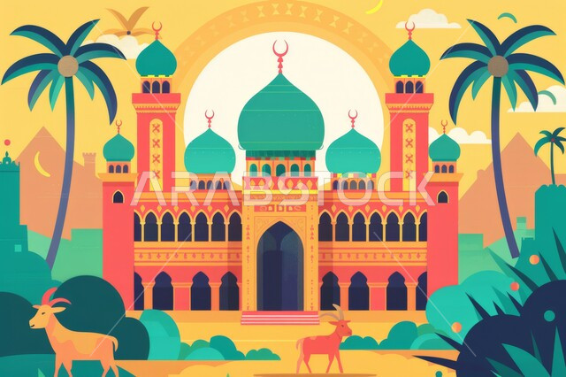 رسوم لمسجد عريق له قبب ومآذن عالية، الفن المعماري في تصميم المساجد القديمة والحديثة, أماكن العبادة والصلاة والخشوع عند المسلمين, الأعياد الإسلامية المباركة, قربان عيد الأضحى, إسلاميات وروحانيات وطمأنينة