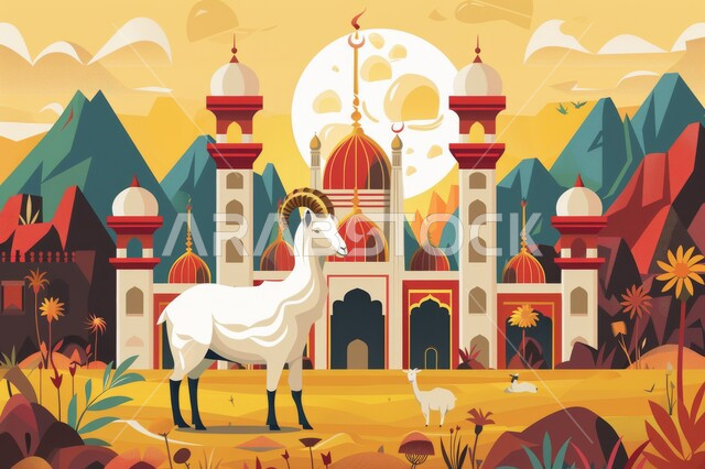 رسوم لمسجد عريق له قبب ومآذن عالية، الفن المعماري في تصميم المساجد القديمة والحديثة, أماكن العبادة والصلاة والخشوع عند المسلمين, الأعياد الإسلامية المباركة, قربان عيد الأضحى, إسلاميات وروحانيات وطمأنينة