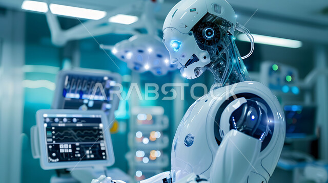 Improving medical care using modern technologies, achieving the Saudi technological future vision 2030, using smart robots in hospitals, developing artificial intelligence technologies and cooperation between them and humans, the concept of digital transformation, a close-up image of a modern and advanced robot