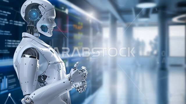 تطور الرعاية الطبية باستعمال التقنيات الحديثة، تحقيق الرؤية المستقبلية التكنولوجية السعودية 2030، استخدام الروبوتات الذكية في المشافي، تطوير تقنيات الذكاء الاصطناعي والتعاون بينها وبين البشر، مفهوم التحول الرقمي، صورة مقربة لرجل آلي حديث ومتطور