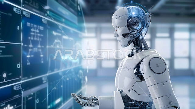 Achieving the future Saudi technological vision 2030, using smart robots in hospitals, developing artificial intelligence techniques and cooperation between them and humans, providing medical care using modern technologies, the concept of digital transformation, a close-up picture of a modern and advanced robot.