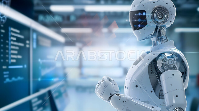 رؤية مستقبلية تكنولوجية سعودية 2030، استخدام الروبوتات الذكية في المشافي، تطوير تقنيات الذكاء الاصطناعي والتعاون بينها وبين البشر، تقديم الرعاية الطبية باستعمال التقنيات الحديثة، مفهوم التحول الرقمي، صورة مقربة لرجل آلي حديث ومتطور