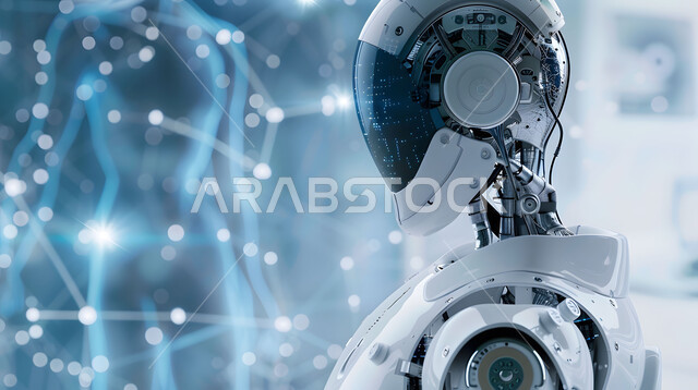 The use of smart robots in hospitals, the development of artificial intelligence technologies and cooperation between them and humans, the provision of medical care using modern technologies, the concept of digital transformation, a close-up of a modern and advanced robot, a Saudi technological future vision 2030