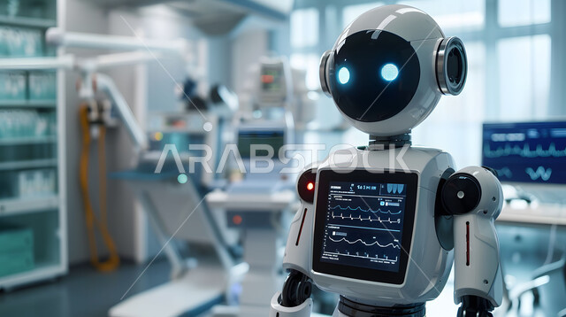 استخدام الروبوتات الذكية في المشافي، تطوير تقنيات الذكاء الاصطناعي والتعاون بينها وبين البشر، تقديم الرعاية الطبية باستعمال التقنيات الحديثة، مفهوم التحول الرقمي، صورة مقربة لرجل آلي حديث ومتطور، رؤية مستقبلية تكنولوجية سعودية 2030