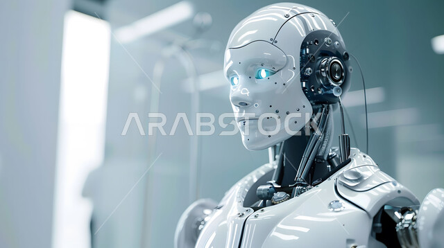 Developing artificial intelligence techniques and cooperation between them and humans, providing medical care using modern technologies, the concept of digital transformation, a close-up of a modern and advanced robot, using smart robots in hospitals, a Saudi technological future vision 2030
