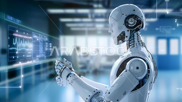 تقديم الرعاية الطبية باستعمال التقنيات الحديثة، تطوير تقنيات الذكاء الاصطناعي والتعاون بينها وبين البشر، مفهوم التحول الرقمي، صورة مقربة لرجل آلي حديث ومتطور، استخدام الروبوتات الذكية في المشافي، رؤية مستقبلية تكنولوجية سعودية 2030