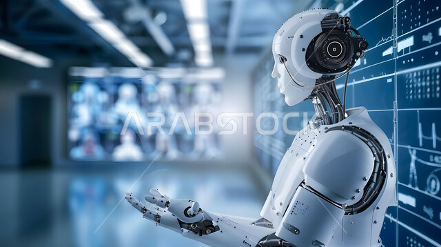 تحسين الرعاية الطبية باستعمال التقنيات الحديثة، تطوير تقنيات الذكاء الاصطناعي والتعاون بينها وبين البشر، مفهوم التحول الرقمي، صورة مقربة لرجل آلي حديث ومتطور، استخدام الروبوتات الذكية في المشافي، رؤية مستقبلية تكنولوجية سعودية 2030