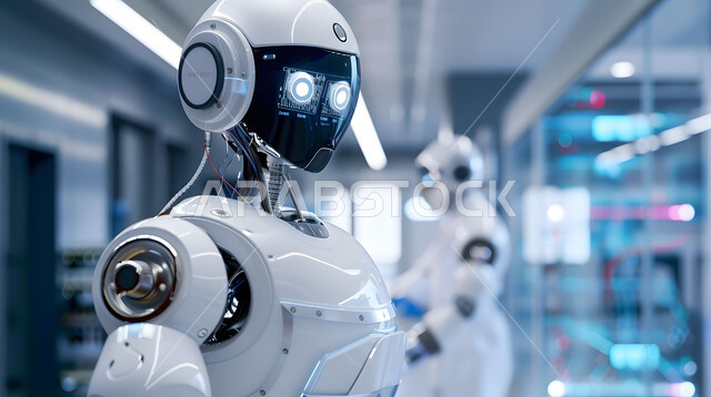 The concept of digital transformation, a Saudi technological future vision 2030, the development of artificial intelligence technologies and cooperation between them and humans, a robot in one of the medical centers in the Kingdom of Saudi Arabia, technical development and progress in the medical and health field.