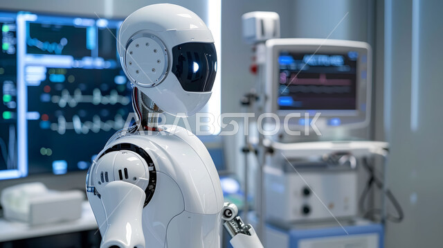 روبوت في احد المراكز الطبية في المملكة العربية السعودية، التطور والتقدم التقني في المجال الطبي والصحي، تطوير تقنيات الذكاء الاصطناعي والتعاون بينها وبين البشر، رؤية مستقبلية تكنولوجية سعودية 2030، مفهوم التحول الرقمي