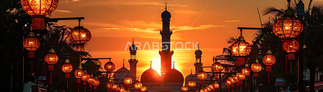 الأعياد الدينية والمناسبات السعيدة, استعداد المسلمين لاستقبال رمضان المبارك, صورة ظلية لزينة وإضاءة المصابيح أثناء غروب الشمس, البهجة بقدوم شهر الخير, خلفية المساجد الاسلامية, سيلوليت