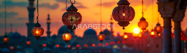 الأعياد الدينية والمناسبات السعيدة, استعداد المسلمين لاستقبال رمضان المبارك, صورة ظلية لزينة وإضاءة المصابيح أثناء غروب الشمس, البهجة بقدوم شهر الخير, خلفية المساجد الاسلامية, سيلوليت