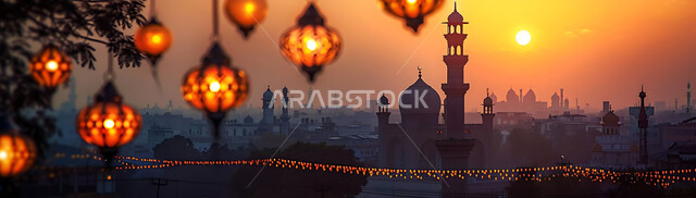 الأعياد الدينية والمناسبات السعيدة, استعداد المسلمين لاستقبال رمضان المبارك, صورة ظلية لزينة وإضاءة المصابيح أثناء غروب الشمس, البهجة بقدوم شهر الخير, خلفية المساجد الاسلامية, سيلوليت