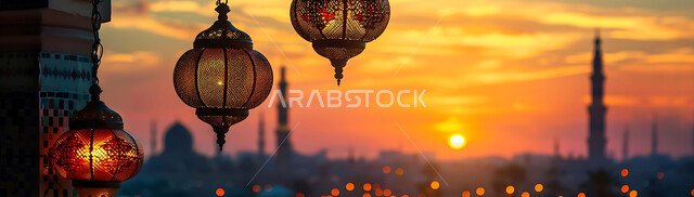 الأعياد الدينية والمناسبات السعيدة, استعداد المسلمين لاستقبال رمضان المبارك, صورة ظلية لزينة وإضاءة المصابيح أثناء غروب الشمس, البهجة بقدوم شهر الخير, خلفية المساجد الاسلامية, سيلوليت