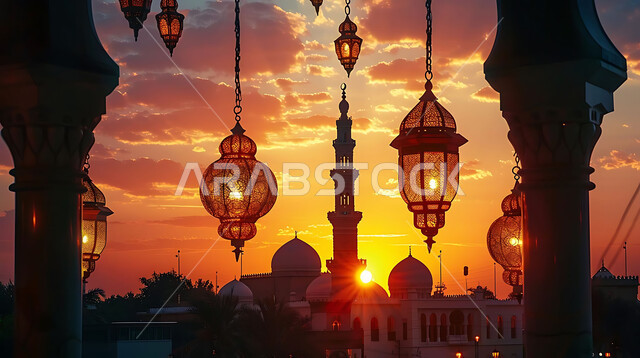 الأعياد الدينية والمناسبات السعيدة, استعداد المسلمين لاستقبال رمضان المبارك, صورة ظلية لزينة وإضاءة المصابيح أثناء غروب الشمس, البهجة بقدوم شهر الخير, خلفية المساجد الاسلامية, سيلوليت