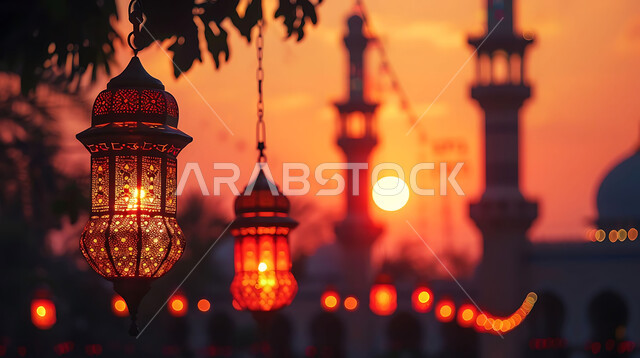 الأعياد الدينية والمناسبات السعيدة, استعداد المسلمين لاستقبال رمضان المبارك, صورة ظلية لزينة وإضاءة المصابيح أثناء غروب الشمس, البهجة بقدوم شهر الخير, خلفية المساجد الاسلامية, سيلوليت