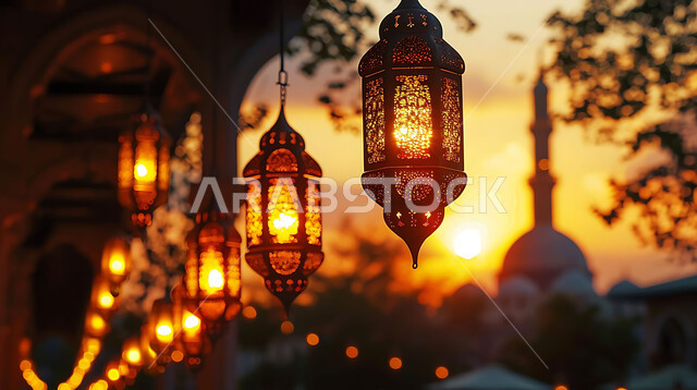 الأعياد الدينية والمناسبات السعيدة, استعداد المسلمين لاستقبال رمضان المبارك, صورة ظلية لزينة وإضاءة المصابيح أثناء غروب الشمس, البهجة بقدوم شهر الخير, خلفية المساجد الاسلامية, سيلوليت