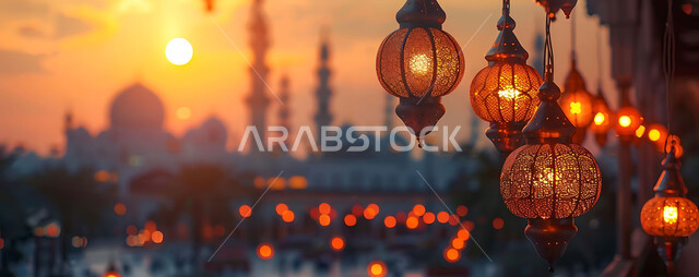 الأعياد الدينية والمناسبات السعيدة, استعداد المسلمين لاستقبال رمضان المبارك, صورة ظلية لزينة وإضاءة المصابيح أثناء غروب الشمس, البهجة بقدوم شهر الخير, خلفية المساجد الاسلامية, سيلوليت