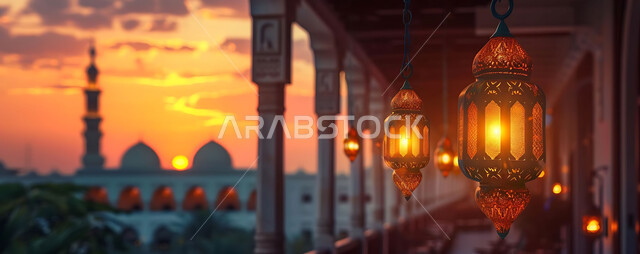 الأعياد الدينية والمناسبات السعيدة, استعداد المسلمين لاستقبال رمضان المبارك, صورة ظلية لزينة وإضاءة المصابيح أثناء غروب الشمس, البهجة بقدوم شهر الخير, خلفية المساجد الاسلامية, سيلوليت