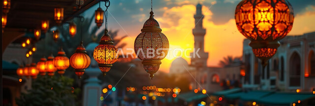 الأعياد الدينية والمناسبات السعيدة, استعداد المسلمين لاستقبال رمضان المبارك, صورة ظلية لزينة وإضاءة المصابيح أثناء غروب الشمس, البهجة بقدوم شهر الخير, خلفية المساجد الاسلامية, سيلوليت