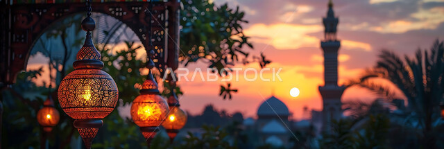 الأعياد الدينية والمناسبات السعيدة, استعداد المسلمين لاستقبال رمضان المبارك, صورة ظلية لزينة وإضاءة المصابيح أثناء غروب الشمس, البهجة بقدوم شهر الخير, خلفية المساجد الاسلامية, سيلوليت