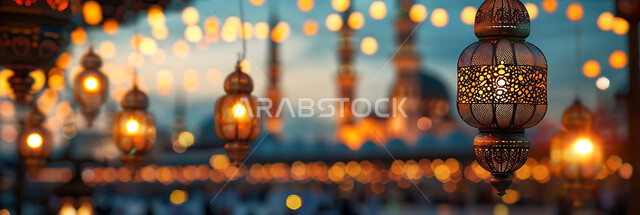 الأعياد الدينية والمناسبات السعيدة, استعداد المسلمين لاستقبال رمضان المبارك, صورة ظلية لزينة وإضاءة المصابيح أثناء غروب الشمس, البهجة بقدوم شهر الخير, خلفية المساجد الاسلامية, سيلوليت