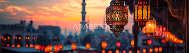 الأعياد الدينية والمناسبات السعيدة, استعداد المسلمين لاستقبال رمضان المبارك, صورة ظلية لزينة وإضاءة المصابيح أثناء غروب الشمس, البهجة بقدوم شهر الخير, خلفية المساجد الاسلامية, سيلوليت