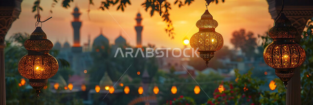 الأعياد الدينية والمناسبات السعيدة, استعداد المسلمين لاستقبال رمضان المبارك, صورة ظلية لزينة وإضاءة المصابيح أثناء غروب الشمس, البهجة بقدوم شهر الخير, خلفية المساجد الاسلامية, سيلوليت