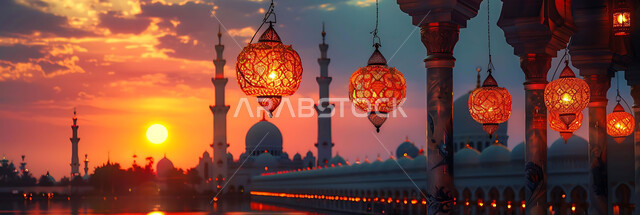 الأعياد الدينية والمناسبات السعيدة, استعداد المسلمين لاستقبال رمضان المبارك, صورة ظلية لزينة وإضاءة المصابيح أثناء غروب الشمس, البهجة بقدوم شهر الخير, خلفية المساجد الاسلامية, سيلوليت