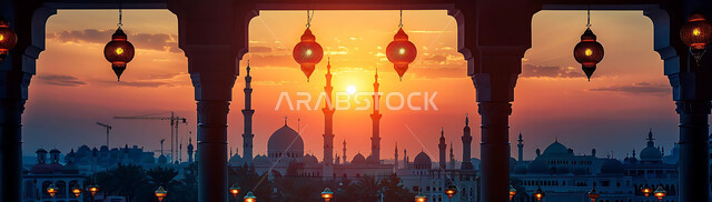 الأعياد الدينية والمناسبات السعيدة, استعداد المسلمين لاستقبال رمضان المبارك, صورة ظلية لزينة وإضاءة المصابيح أثناء غروب الشمس, البهجة بقدوم شهر الخير, خلفية المساجد الاسلامية, سيلوليت