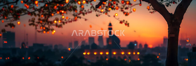 الأعياد الدينية والمناسبات السعيدة, استعداد المسلمين لاستقبال رمضان المبارك, صورة ظلية لزينة وإضاءة المصابيح أثناء غروب الشمس, البهجة بقدوم شهر الخير, خلفية المساجد الاسلامية, سيلوليت