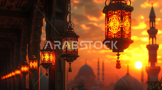Luminous lamps in the spiritual Ramadan atmosphere, distinctive accessories and antiques to celebrate the coming of the month of goodness, a silhouette of the blessed Ramadan decorations during sunset, a group of traditional Arabic lanterns against the background of Islamic mosques, Salwit