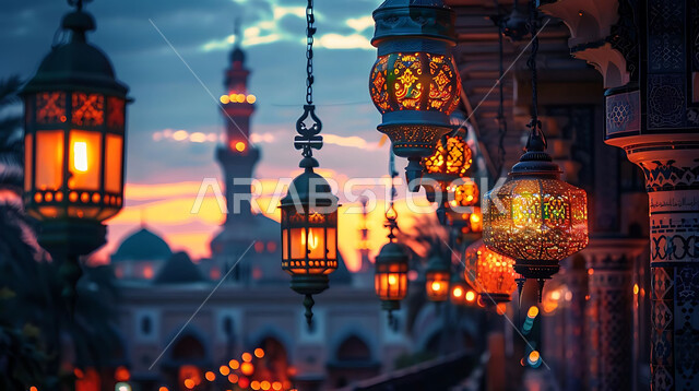 Luminous lamps in the spiritual Ramadan atmosphere, distinctive accessories and antiques to celebrate the coming of the month of goodness, a silhouette of the blessed Ramadan decorations during sunset, a group of traditional Arabic lanterns against the background of Islamic mosques, Salwit