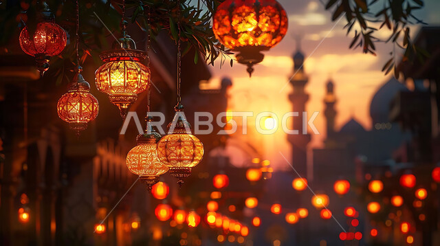 المصابيح المضيئة في الأجواء الرمضانية الروحانية, اكسسوارات و تحف مميزة للاحتفال بقدوم شهر الخير، صورة ظلية لزينة رمضان المبارك أثناء غروب الشمس، مجموعة من الفوانيس العربية التقليدية على خلفية المساجد الاسلامية, سالويت