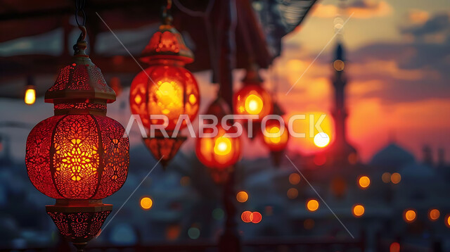 Luminous lamps in the spiritual Ramadan atmosphere, distinctive accessories and antiques to celebrate the coming of the month of goodness, a silhouette of the blessed Ramadan decorations during sunset, a group of traditional Arabic lanterns against the background of Islamic mosques, Salwit