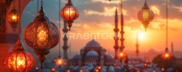 المصابيح المضيئة في الأجواء الرمضانية الروحانية, اكسسوارات و تحف مميزة للاحتفال بقدوم شهر الخير، صورة ظلية لزينة رمضان المبارك أثناء غروب الشمس، مجموعة من الفوانيس العربية التقليدية على خلفية المساجد الاسلامية, سالويت